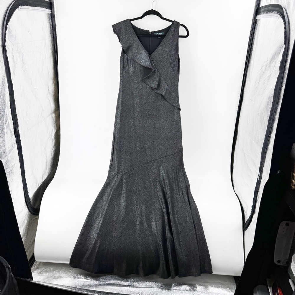 ✅ Lauren Ralph Lauren GREY/BLACK MAXI Metallic Ruffle-Trim Gown. Size 4 WEDDING - Picture 3 of 9